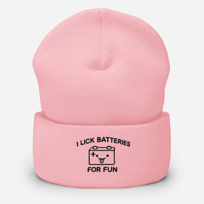 Embroidered I Lick Batteries for Fun Cuffed Beanie – Funny Unisex Winter Hat