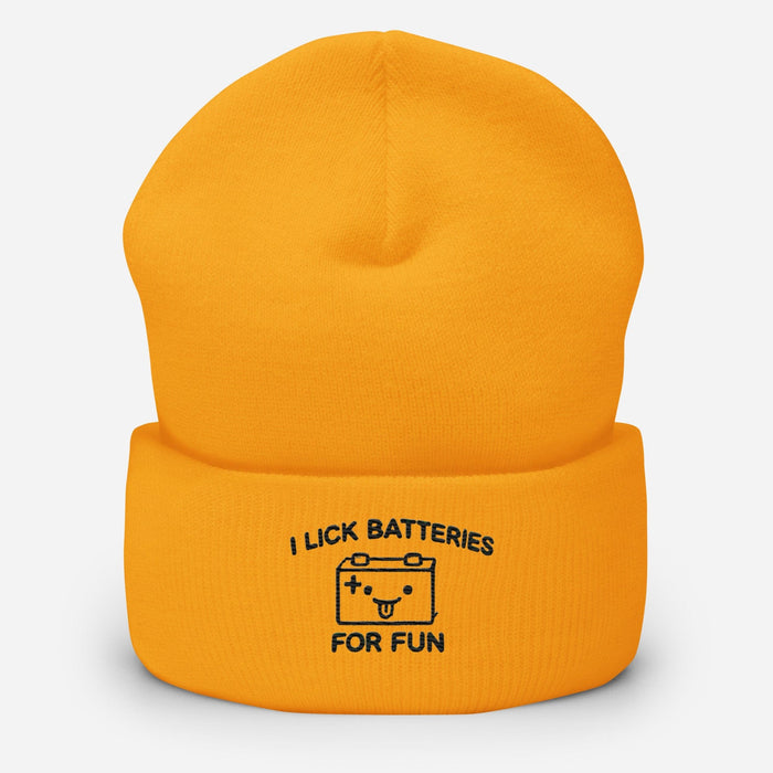 Embroidered I Lick Batteries for Fun Cuffed Beanie – Funny Unisex Winter Hat