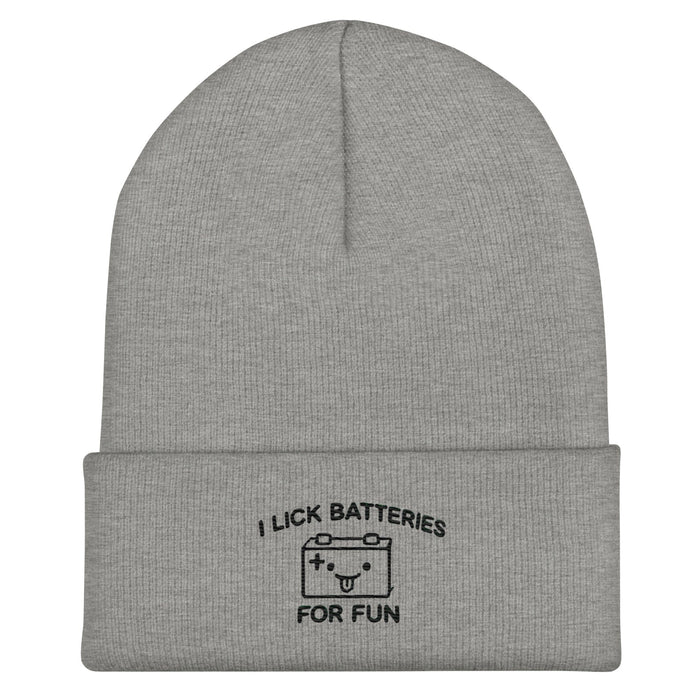 Embroidered I Lick Batteries for Fun Cuffed Beanie – Funny Unisex Winter Hat