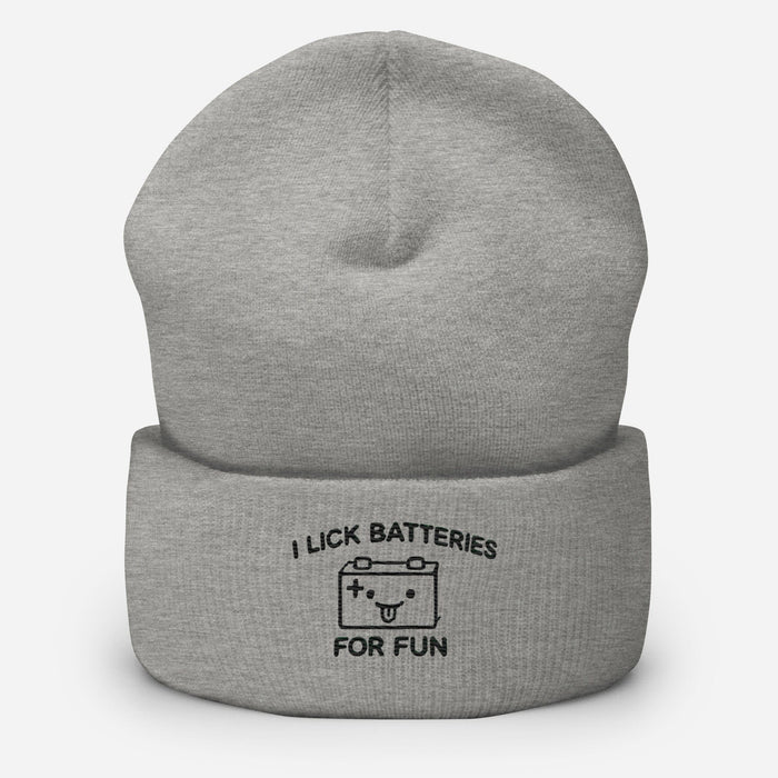 Embroidered I Lick Batteries for Fun Cuffed Beanie – Funny Unisex Winter Hat