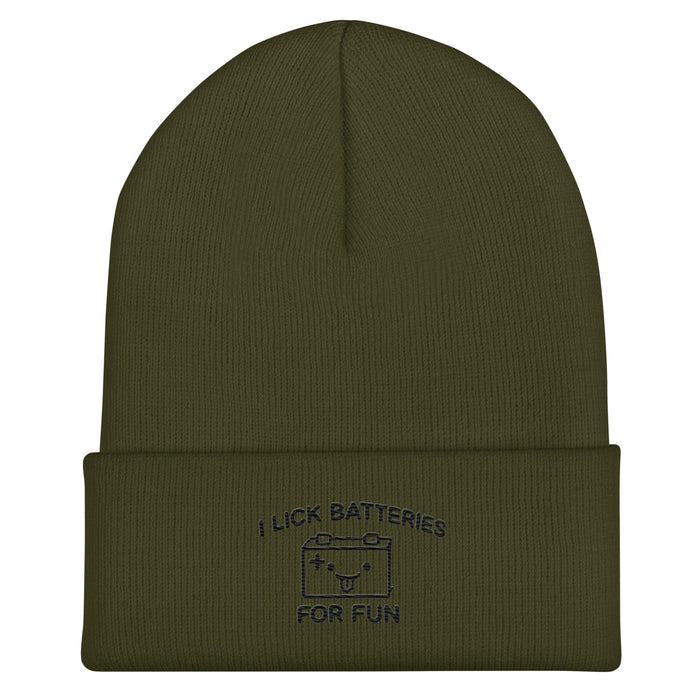 Embroidered I Lick Batteries for Fun Cuffed Beanie – Funny Unisex Winter Hat