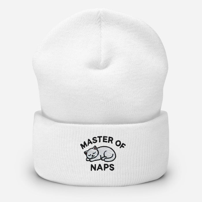 Embroidered Master of Naps Cat Cuffed Beanie – Funny Kitten Humor Hat