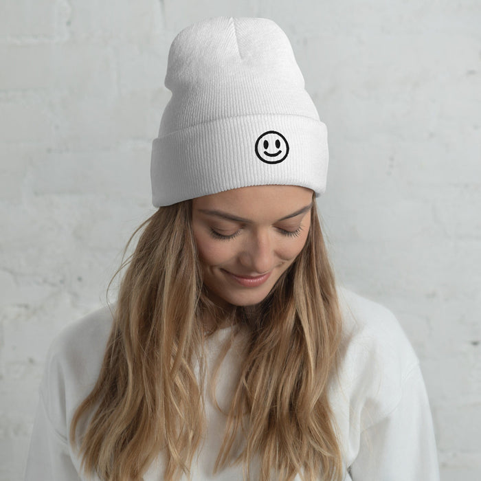 Embroidered Smiley Face Cuffed Beanie – Spread Joy and Stay Cozy! Warm Hat