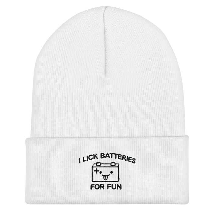 Embroidered I Lick Batteries for Fun Cuffed Beanie – Funny Unisex Winter Hat