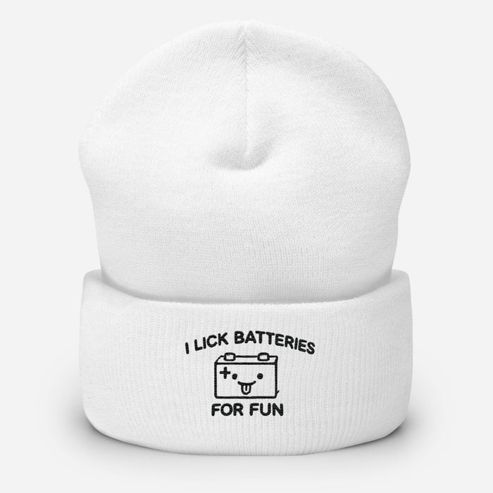 Embroidered I Lick Batteries for Fun Cuffed Beanie – Funny Unisex Winter Hat