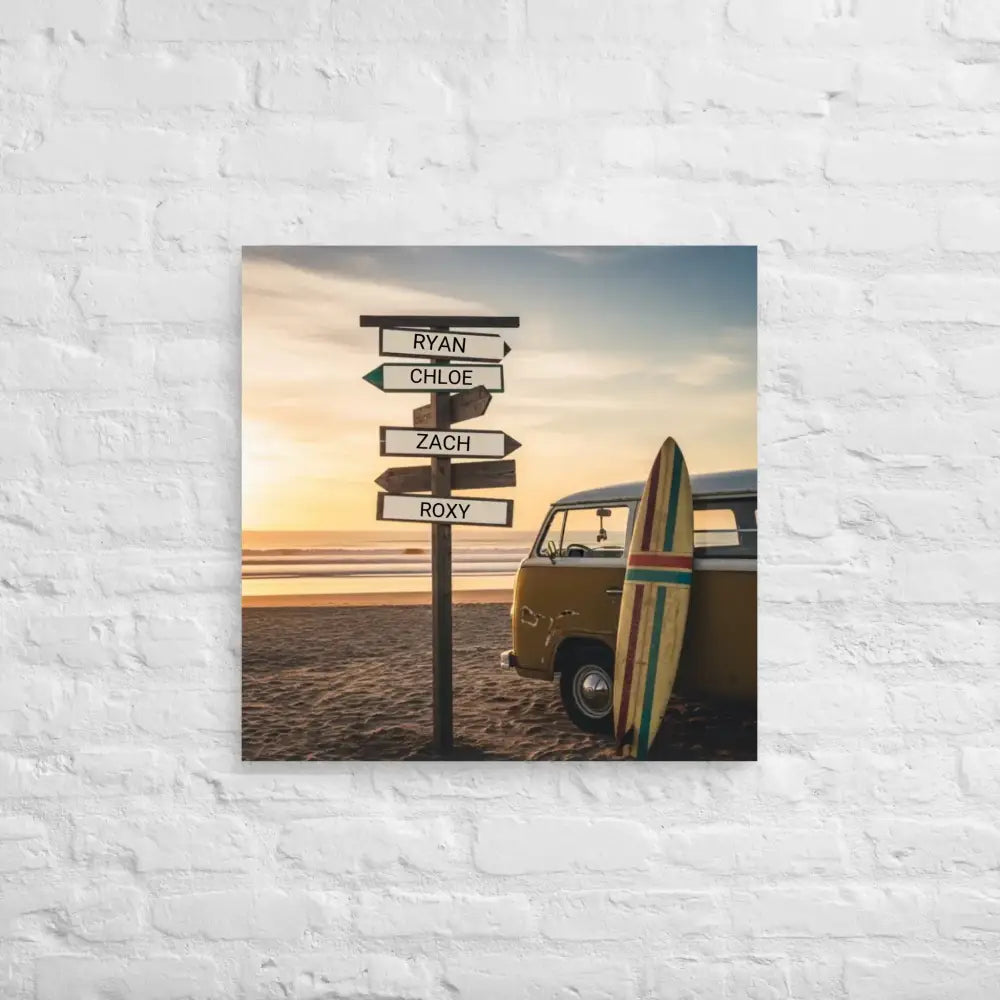 Custom beach surfer sign poster with vintage van and surfboard wall art