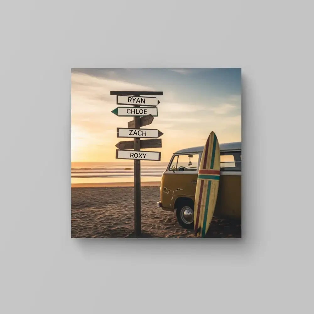 Custom beach surfer sign with vintage camper on sunset beach