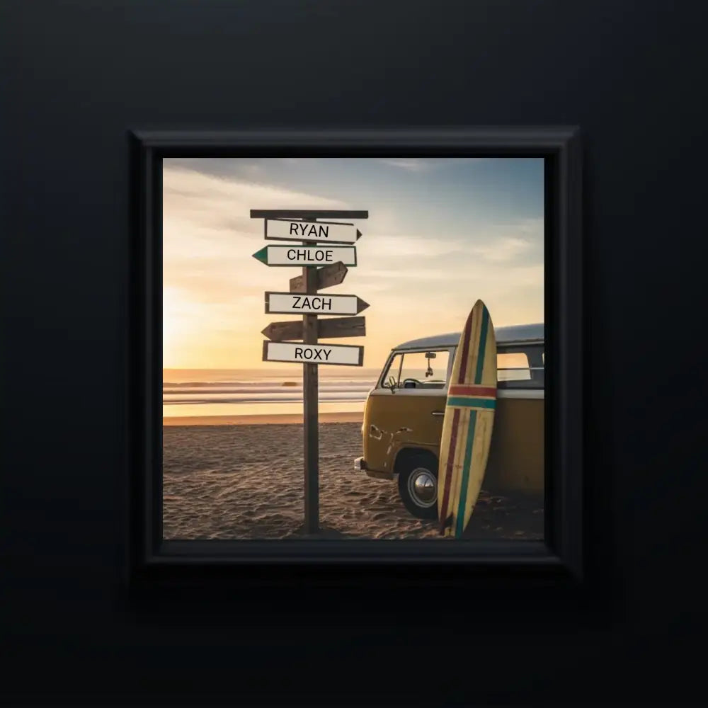 Framed custom beach surfer sign with vintage van and surfboard wall art