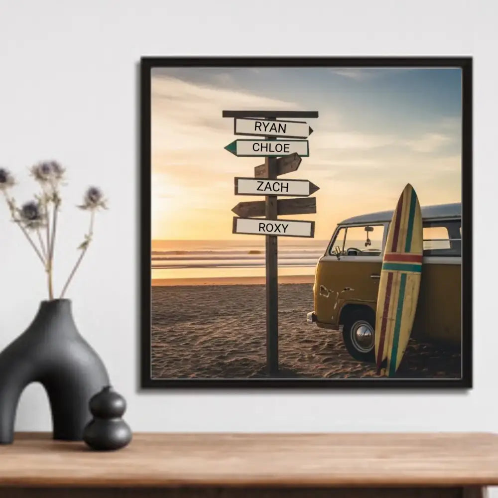 Custom beach surfer sign poster with framed sunset, van, surfboard