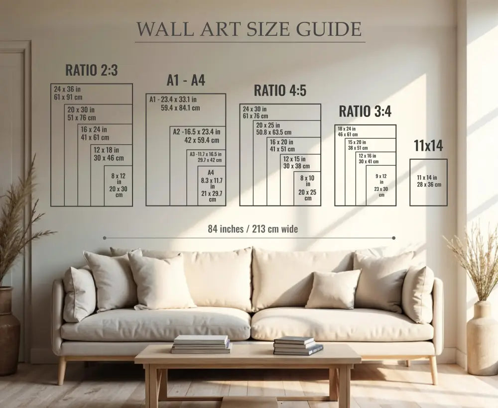 Wall art size guide for custom beach surfer sign above couch