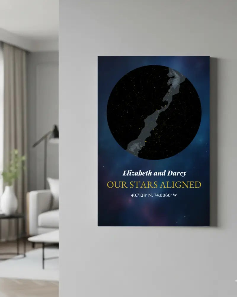 Personalized moon phase canvas with celestial map on dark blue background