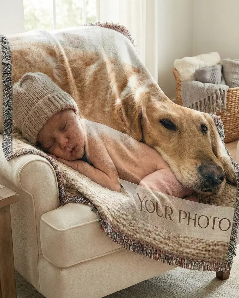 Custom photo woven blanket by Trini Skies Graphics: beige cotton picture throw with sleeping baby on golden retriever print