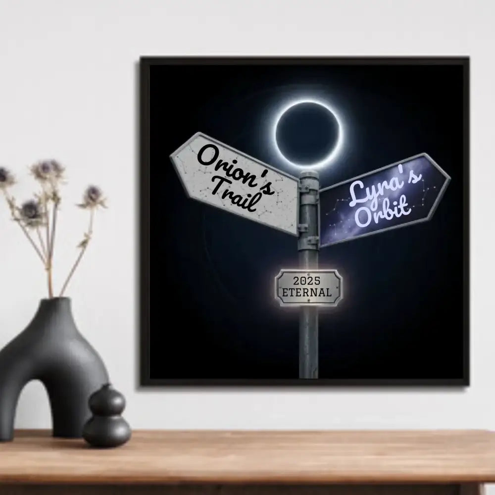 Custom square starry trails poster of framed celestial road sign wall art