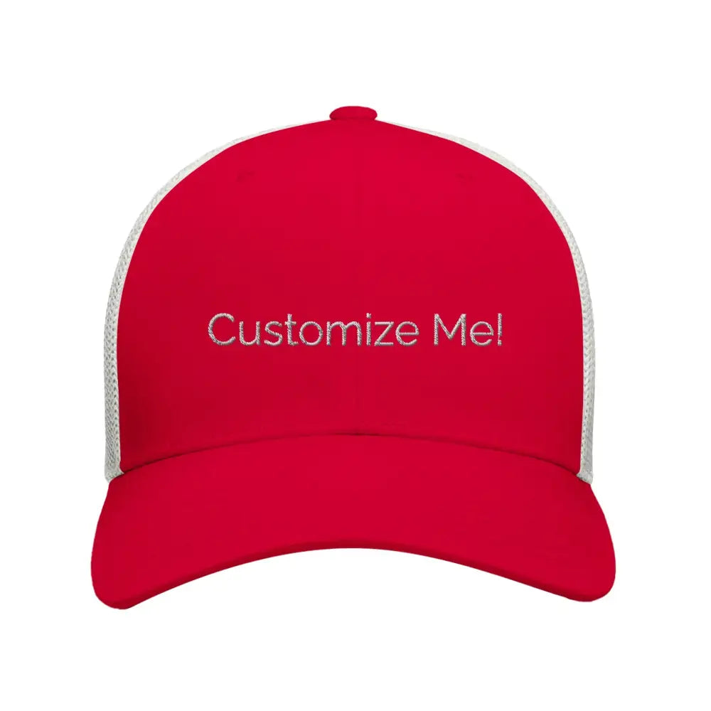 Red trucker hat with white mesh back, embroidered corduroy cap
