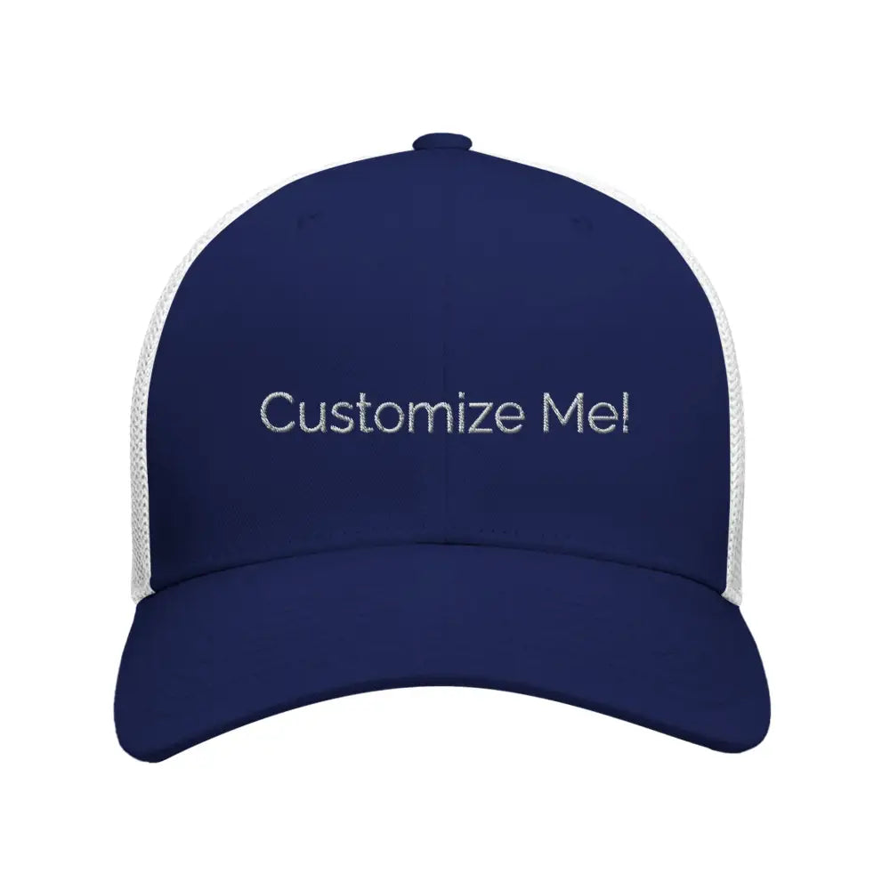 Navy blue and white embroidered corduroy retro trucker cap
