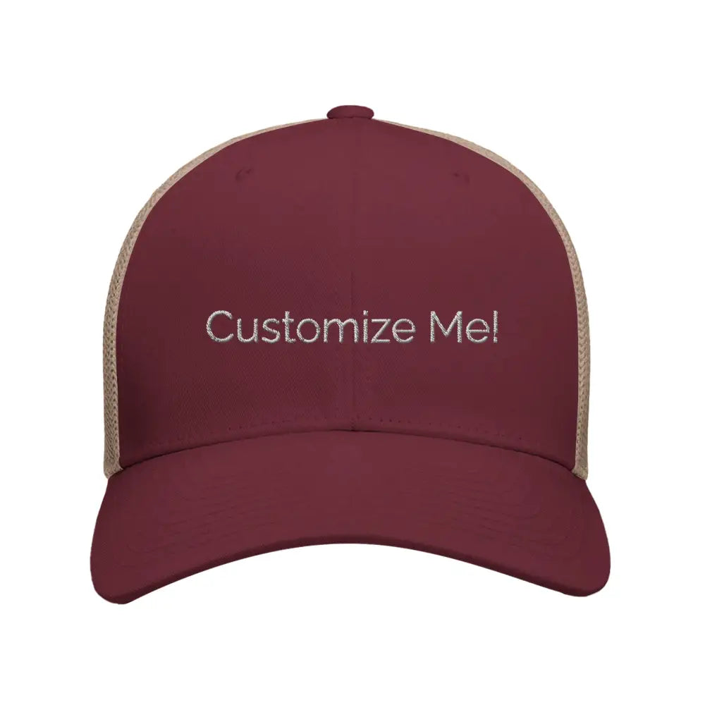 Maroon and tan embroidered corduroy cap retro trucker hat
