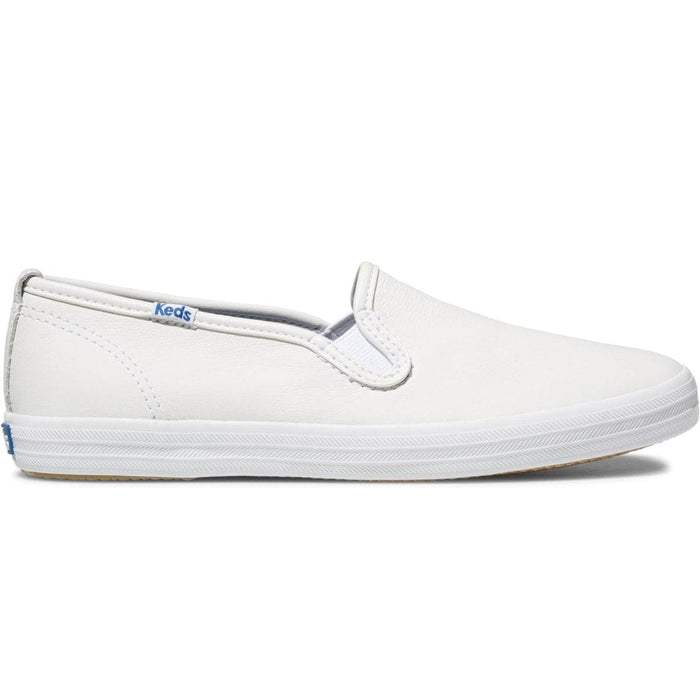 Keds Women's Champion Slip-On Sneaker, White Leather, 9 Wide, Classic Comfort