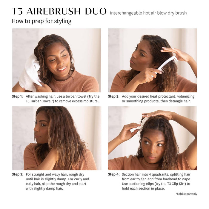 T3 AireBrush Duo Hot Air Brush nterchangeable Attachment 15 Heat Speed Settings