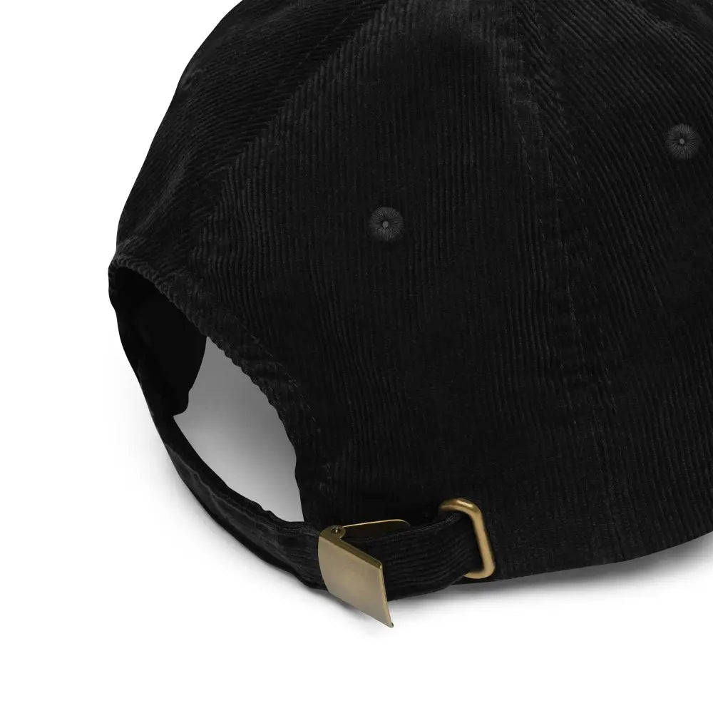 Black corduroy hat with gold buckle, custom embroidered wiener dog