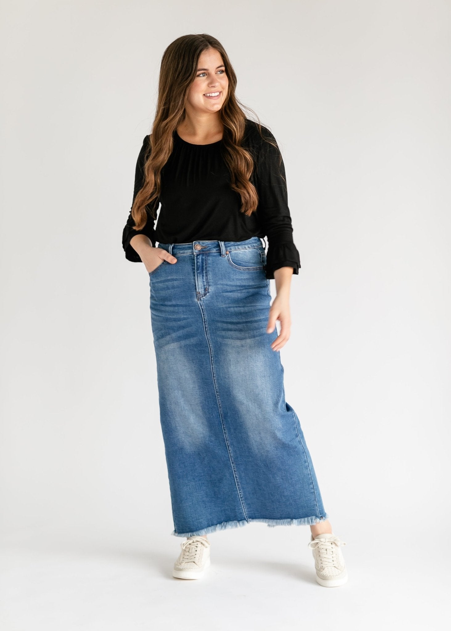 Dakotah Raw Hem Long Denim Skirt – Maxi Length with Slit | Medium Wash - Triniskies
