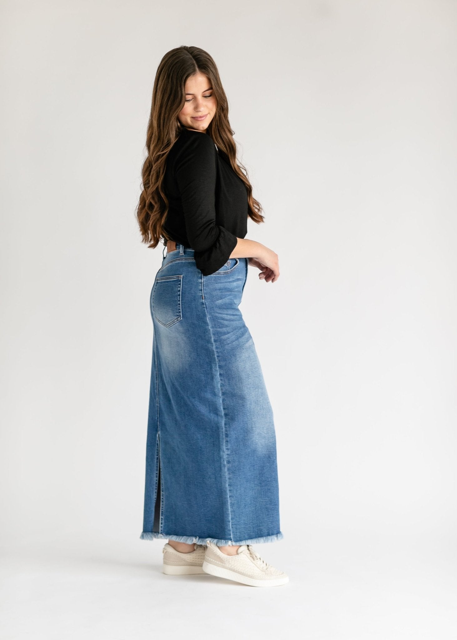 Dakotah Raw Hem Long Denim Skirt – Maxi Length with Slit | Medium Wash - Triniskies