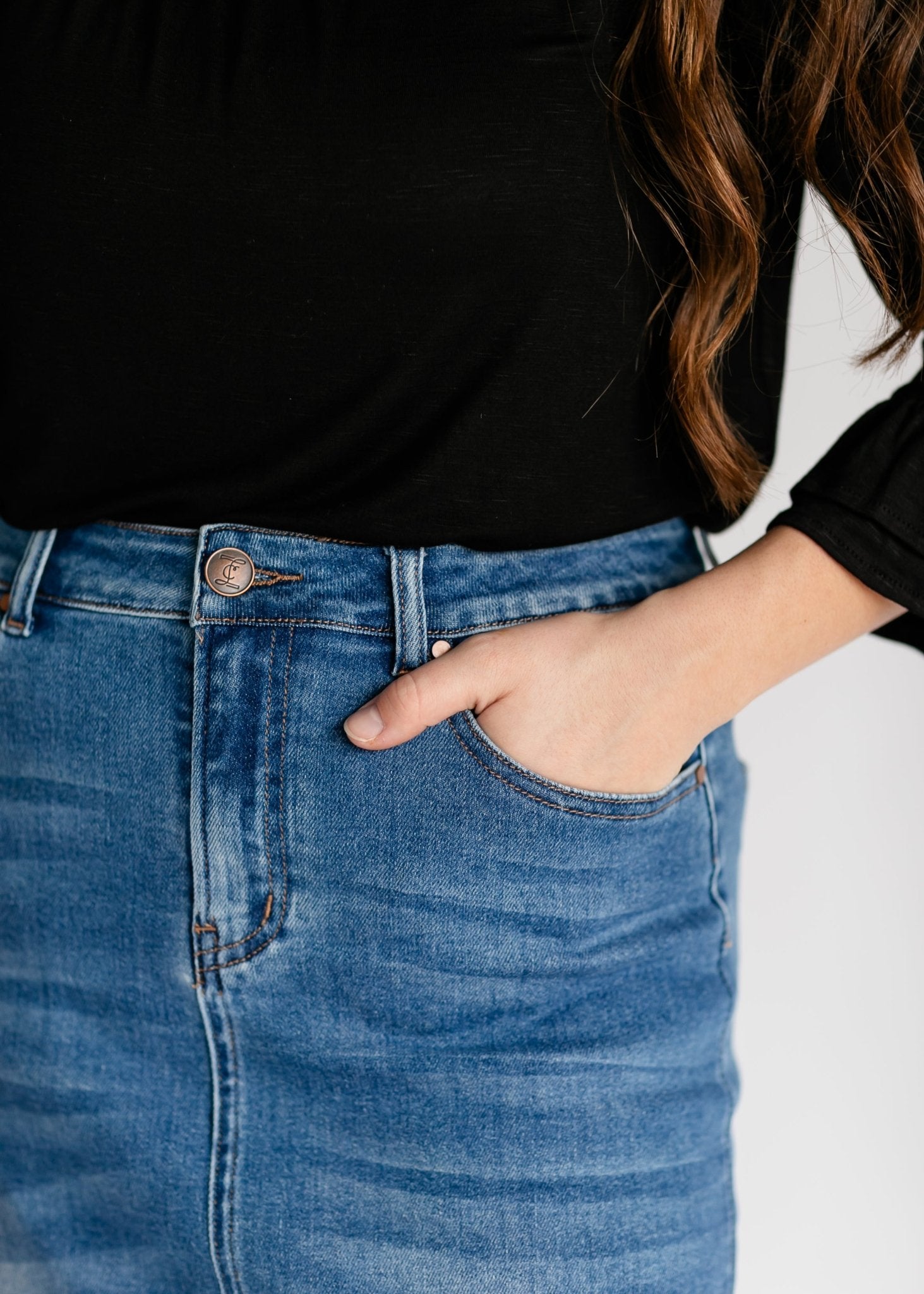 Dakotah Raw Hem Long Denim Skirt – Maxi Length with Slit | Medium Wash - Triniskies