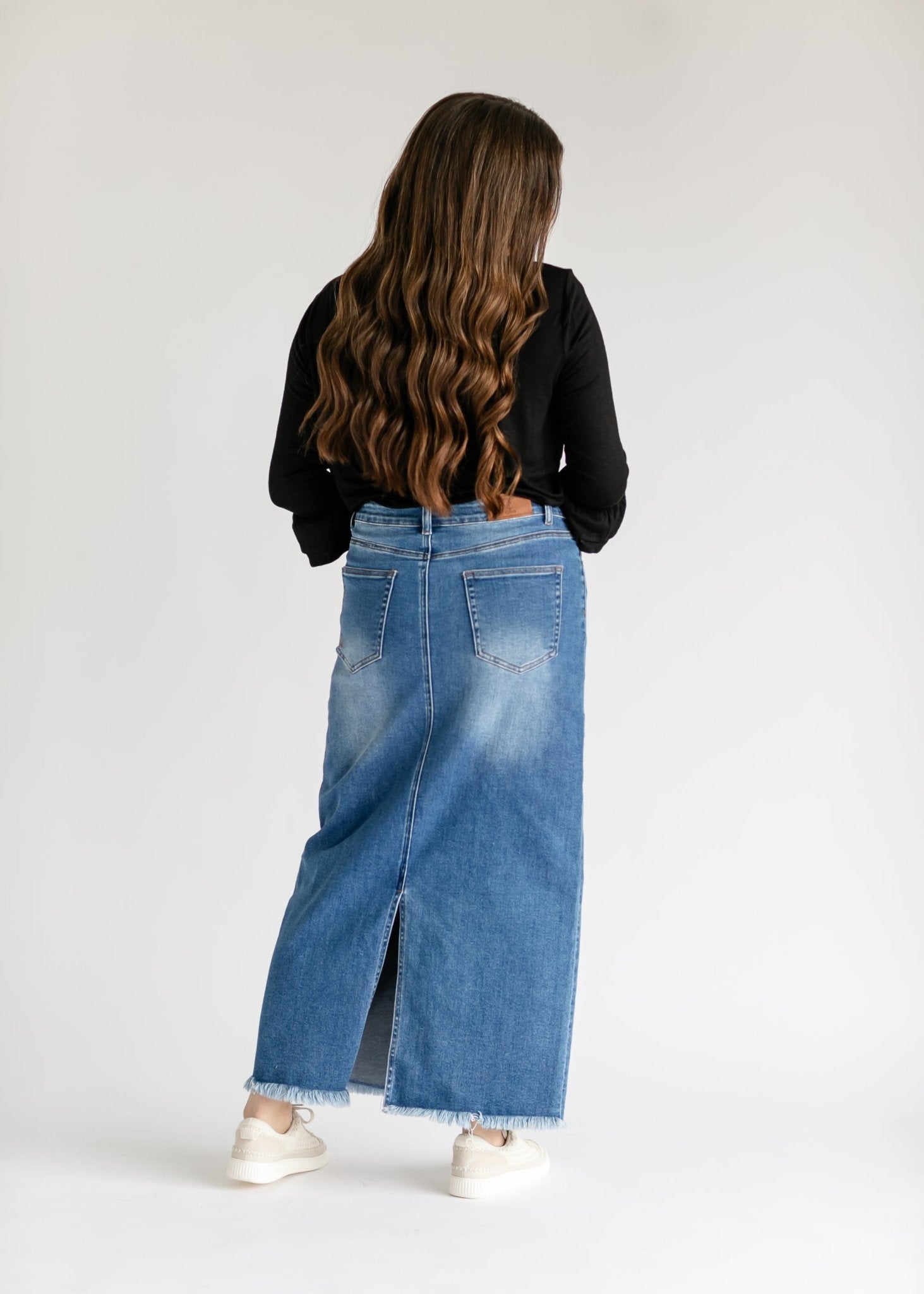 Dakotah Raw Hem Long Denim Skirt – Maxi Length with Slit | Medium Wash - Triniskies
