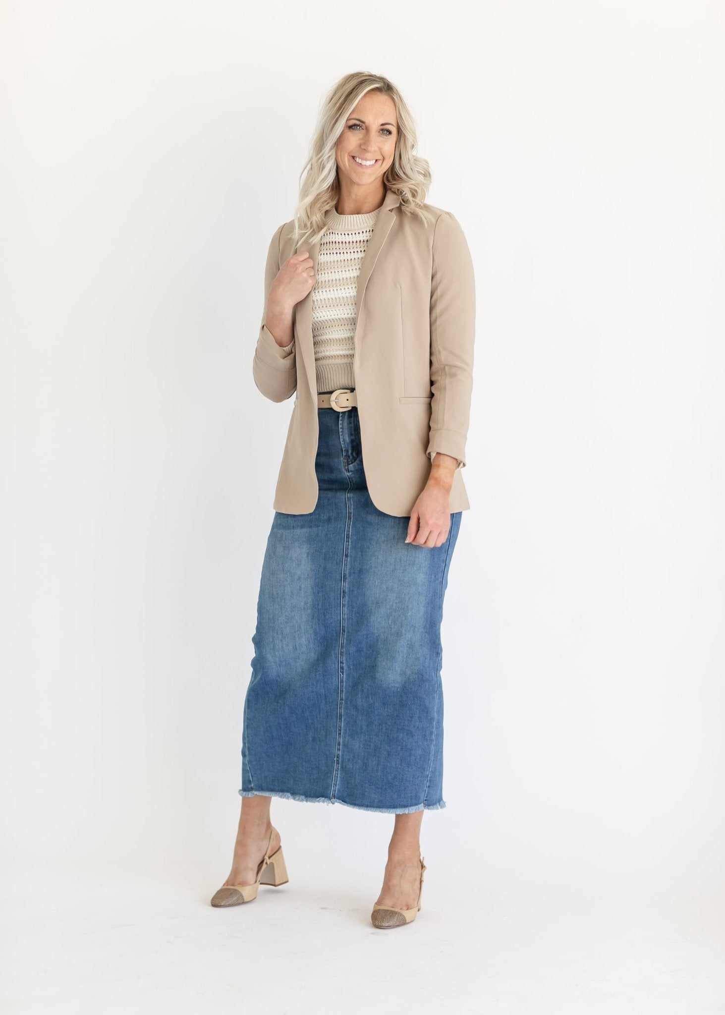 Dakotah Raw Hem Long Denim Skirt – Maxi Length with Slit | Medium Wash - Triniskies