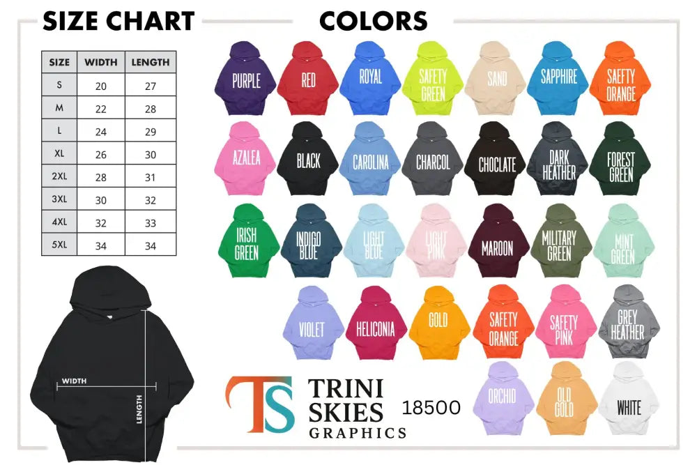 Dallas Texas unisex hoodie size and color chart