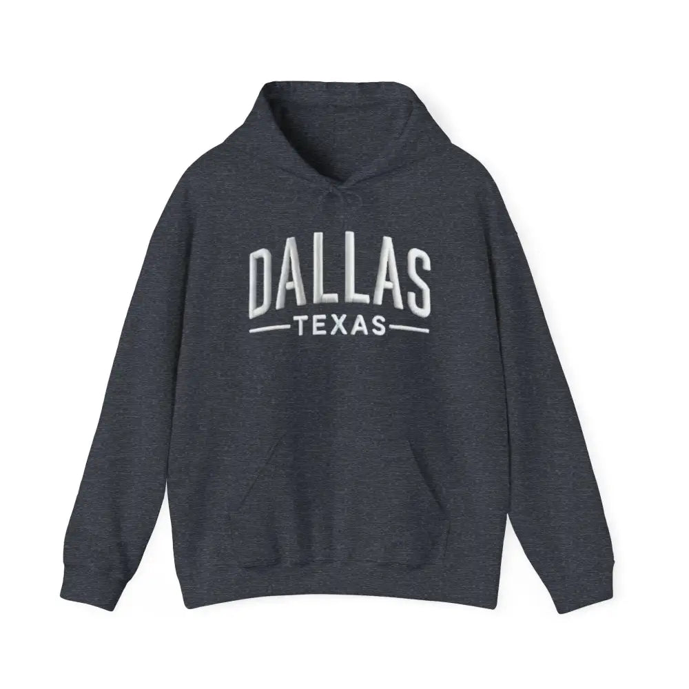 Dark gray Dallas Texas unisex hoodie with white embroidered text