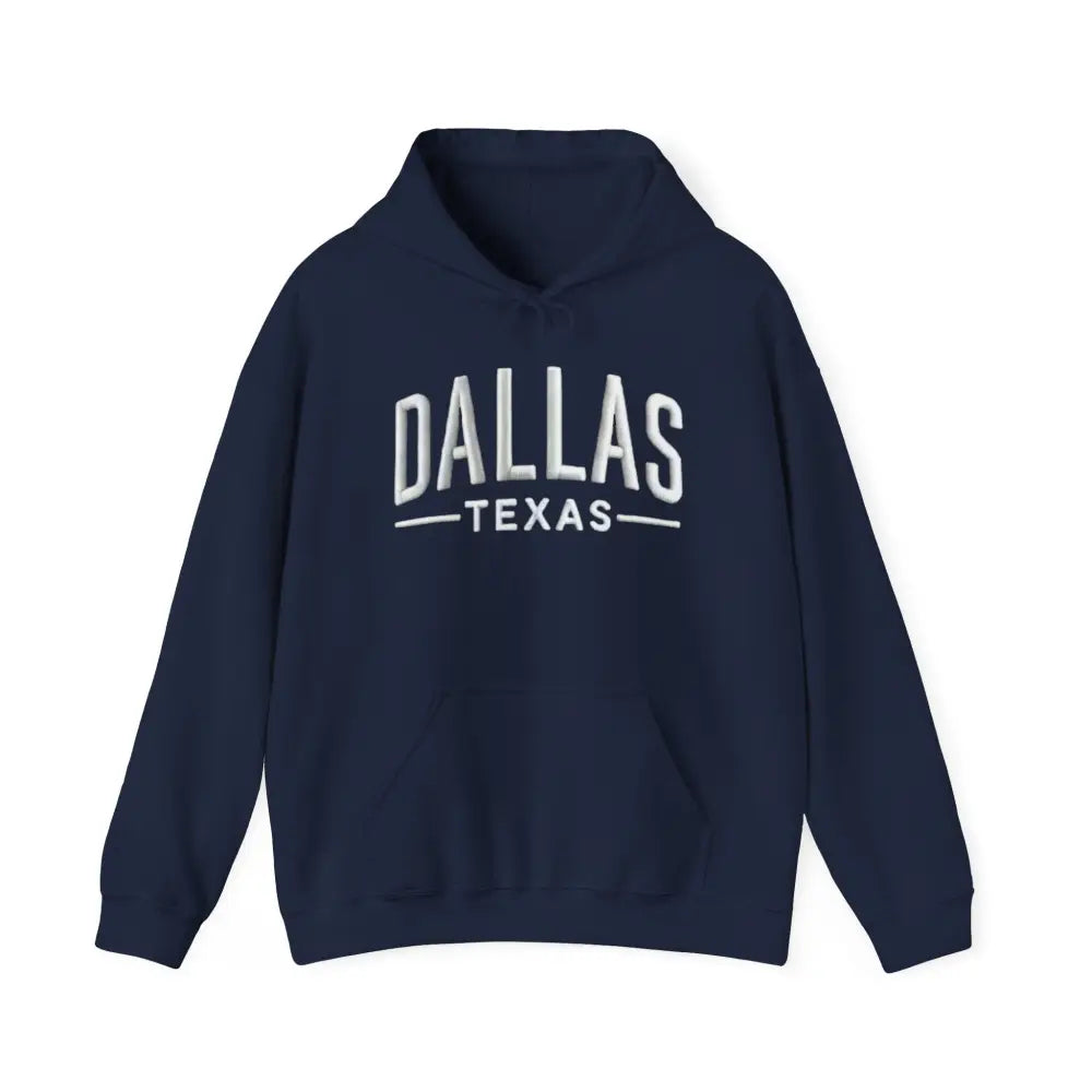 Navy blue Dallas Texas unisex hoodie with white city pride text
