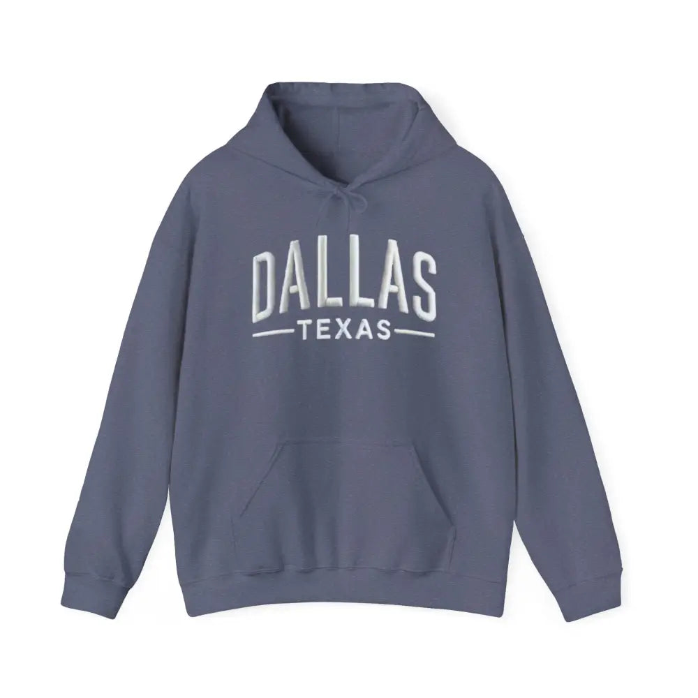 Blue-grey Dallas Texas unisex hoodie with white text sweatshirt