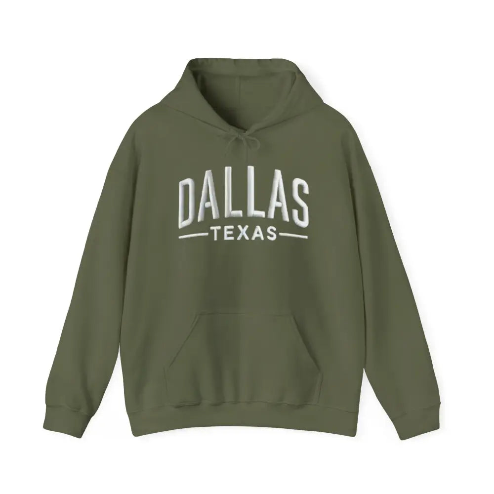 Dallas Texas unisex olive green hoodie with white text