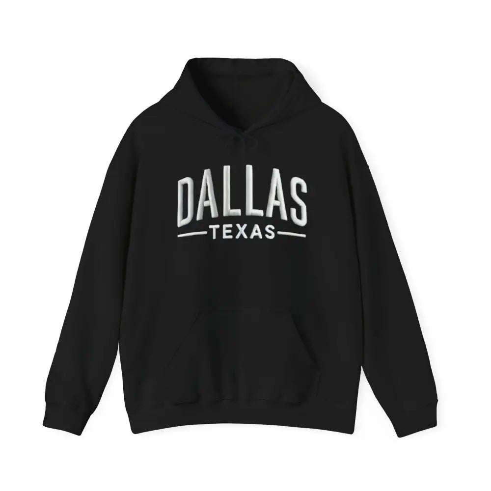 Black Dallas Texas unisex hoodie with white text sweatshirt