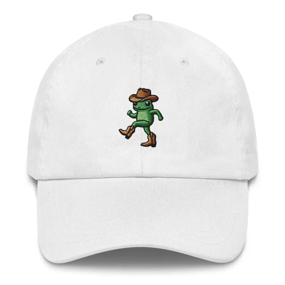 Trini Skies dancing cowboy frog embroidered dad hat