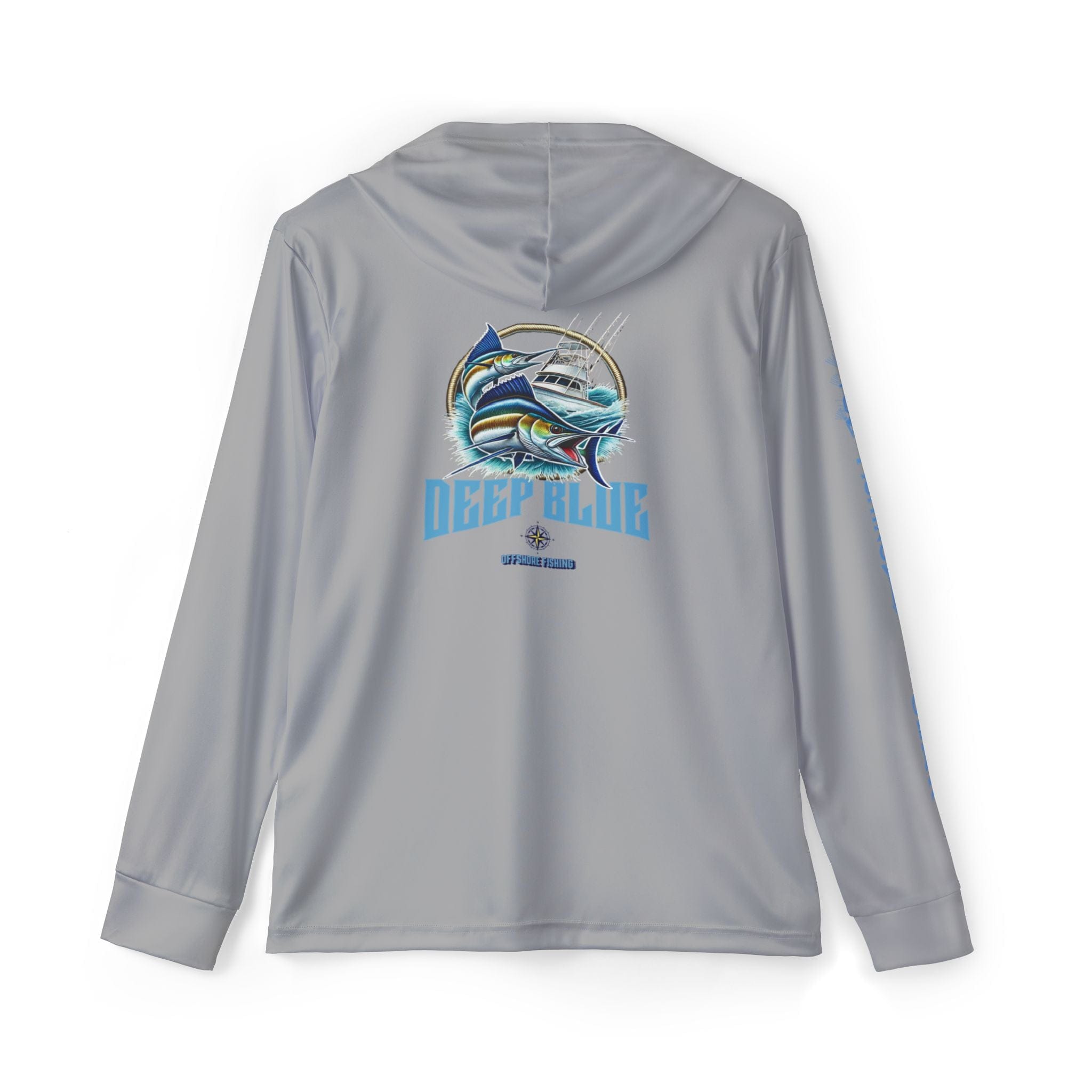 Deep Blue Offshore Fishing Unisex Performance Hoodie, 100% Polyester, Quick - Dry Activewear (GREY). - Triniskies