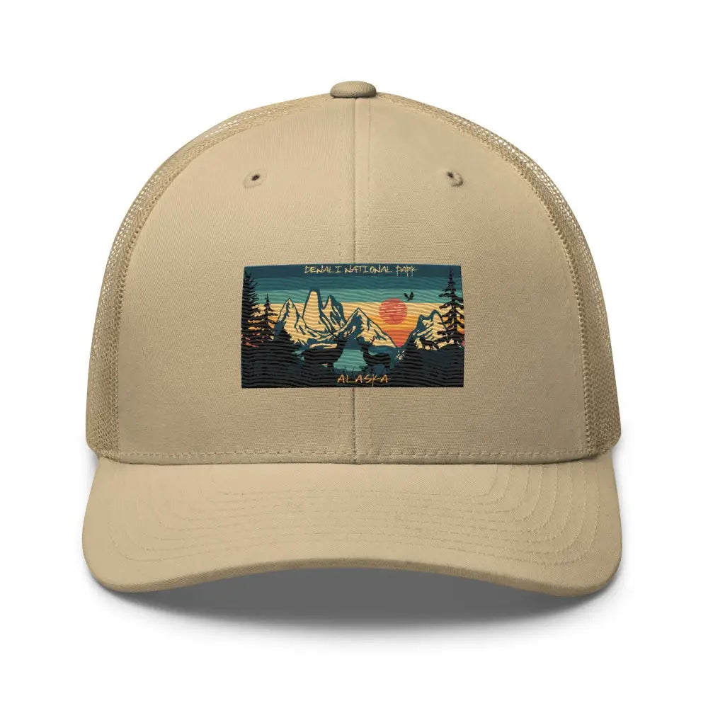 Denali National Alaska retro embroidered trucker cap with moose patch