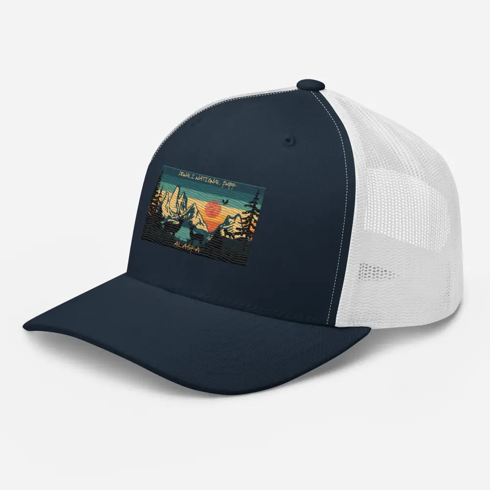 Brown khaki embroidered Denali National Park Alaska retro trucker hat – sunset mesh cap
