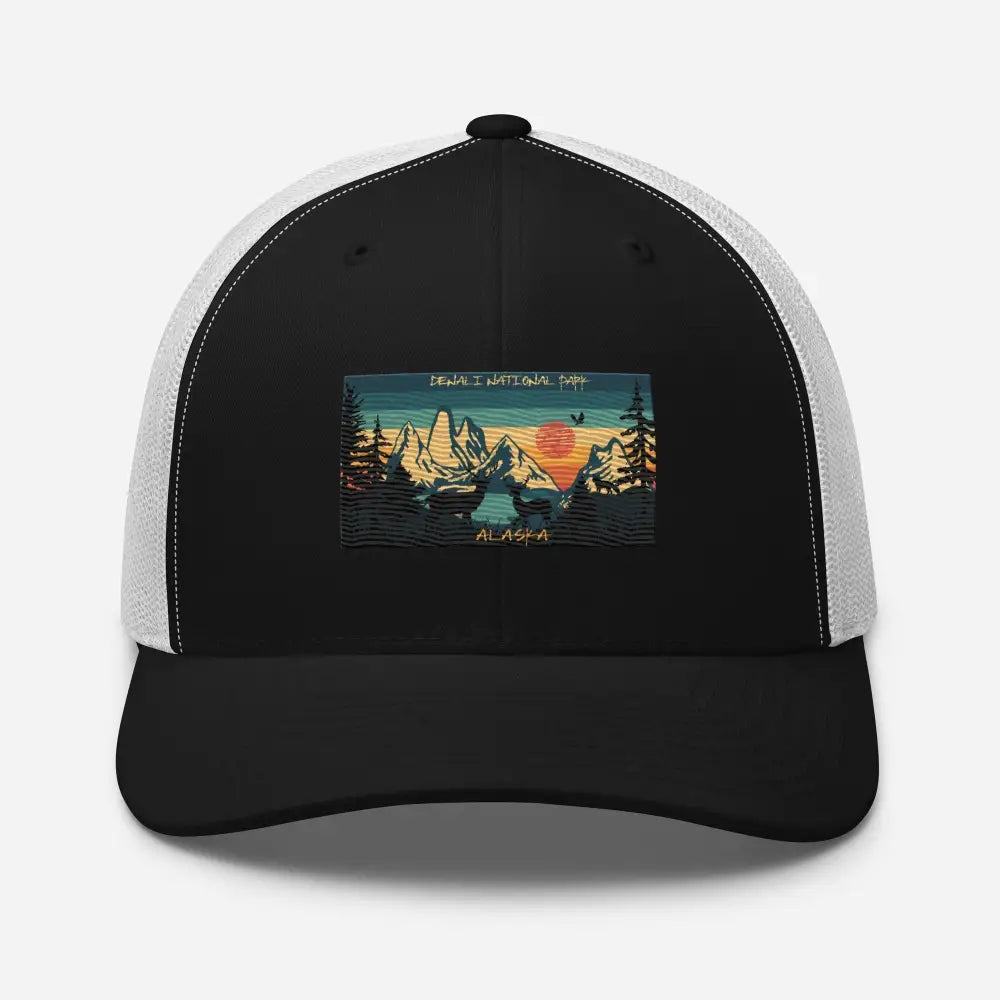 Black and white Denali National Alaska retro embroidered trucker cap