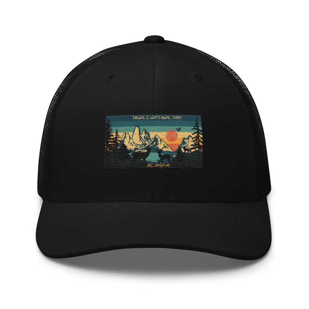 Black mesh back Denali National Alaska retro embroidered trucker cap