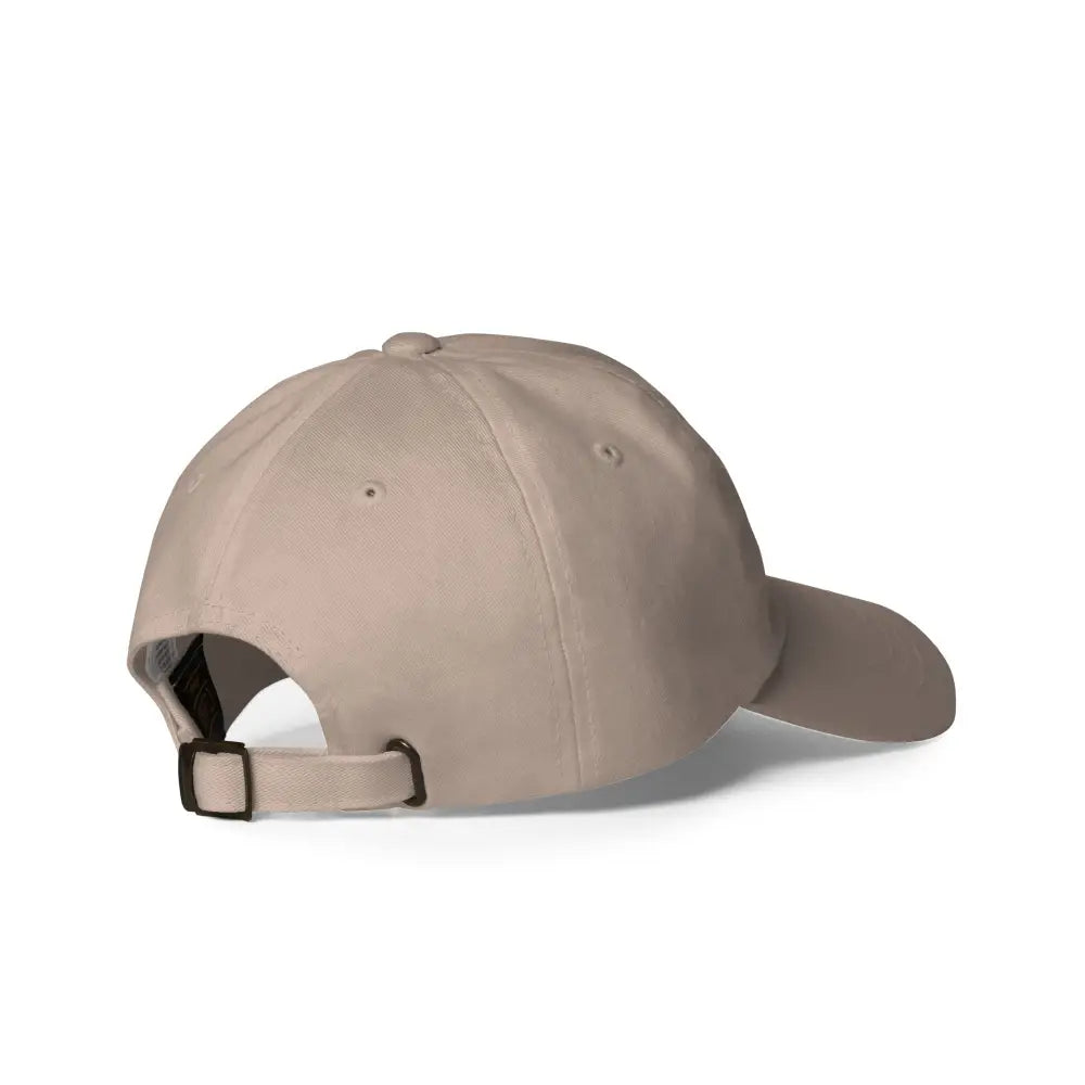 Beige fennec fox embroidered hat with brown strap closure