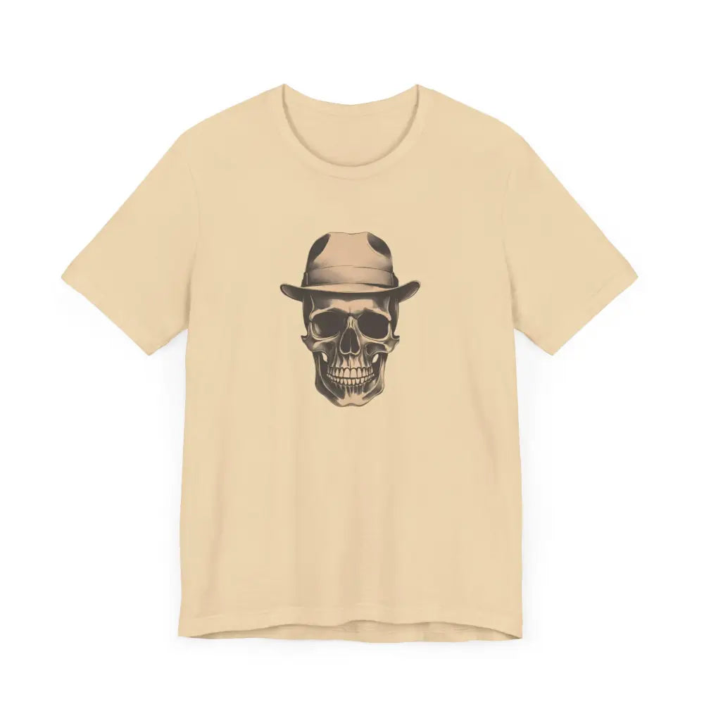 Trendy skull graphic tee with beige cotton short sleeve and fedora skull