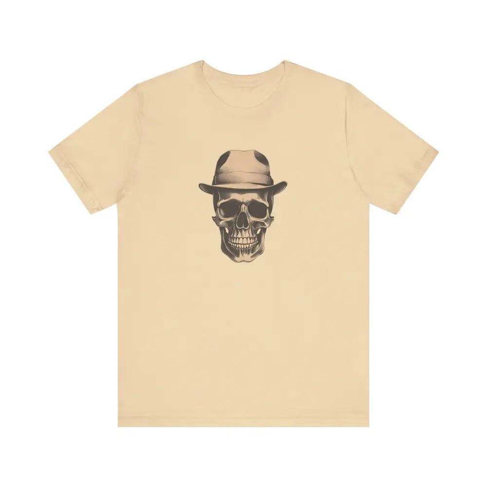 Trendy skull graphic tee in light yellow with fedora skull design