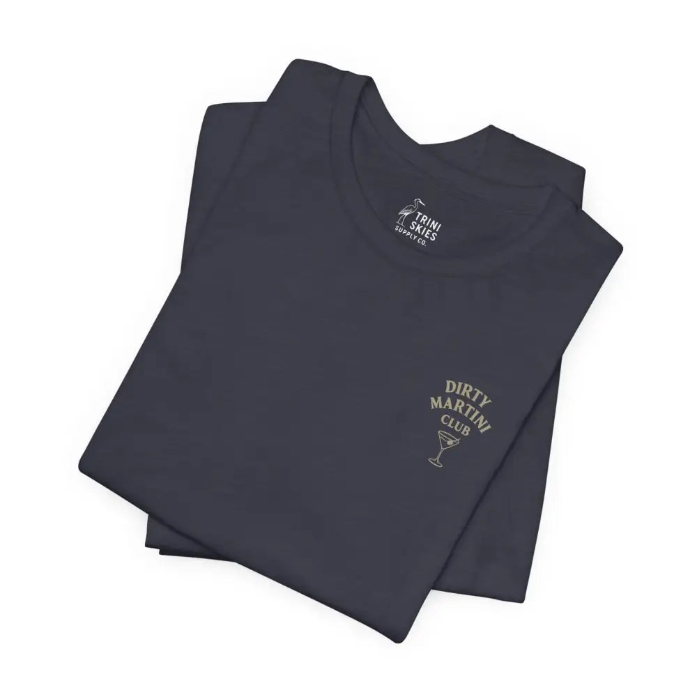Folded dark gray Dirty Martini Club graphic tee by Trini Skies Supply