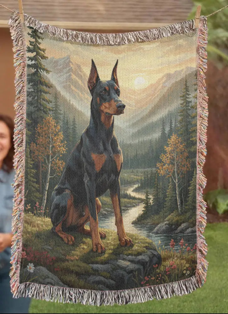Doberman on rocky outcrop by stream in autumn mountains, Trini Skies Graphics cotton protectors blanket