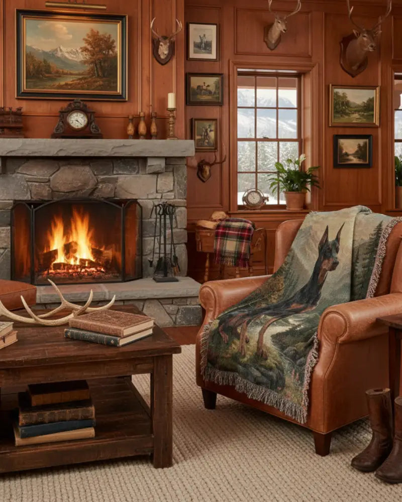 Brown leather armchair with Trini Skies Graphics cotton protector’s blanket featuring Doberman in forest