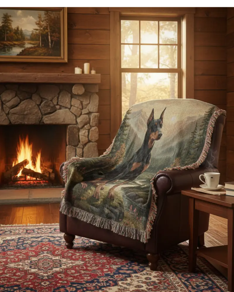 Cozy leather armchair with Trini Skies Graphics cotton protector’s blanket featuring Doberman in forest