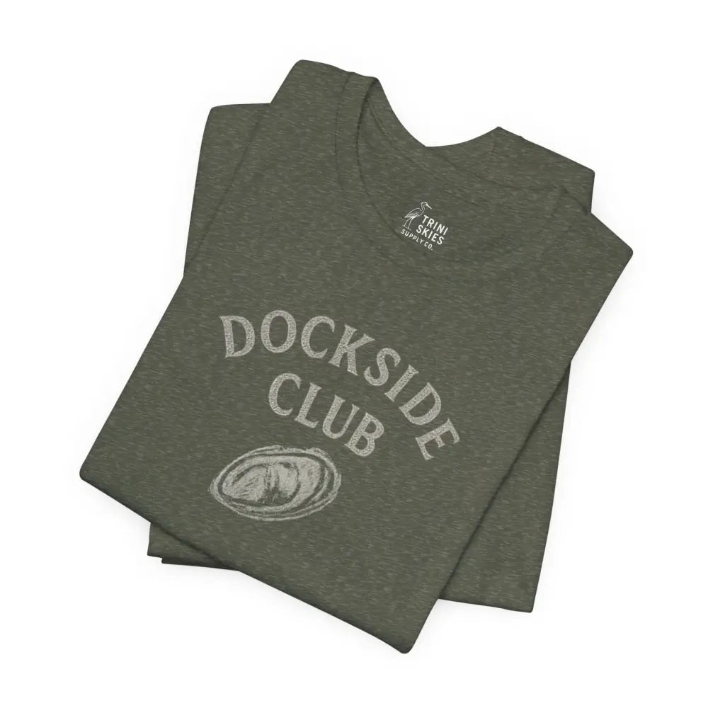Folded olive green Dockside Club Tee by Trini Skies Supply