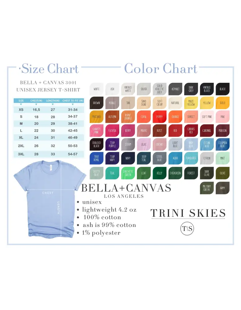 Size chart for oyster dockside tee by Trini Skies Supply Bella+Canvas 3001