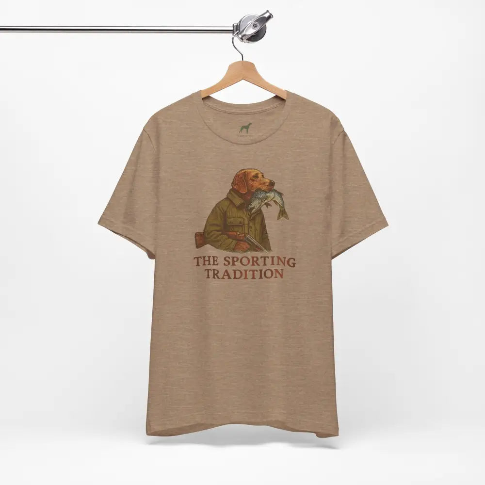 Trini Skies light brown tee with hunting dog fish graphic, celebrate timeless outdoor